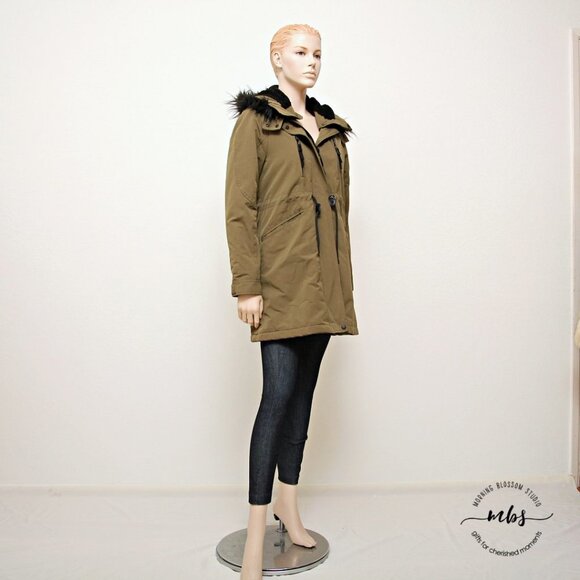Zara Basic Olive Parka with Detachable Faux Fur Hoodie - Picture 4 of 12